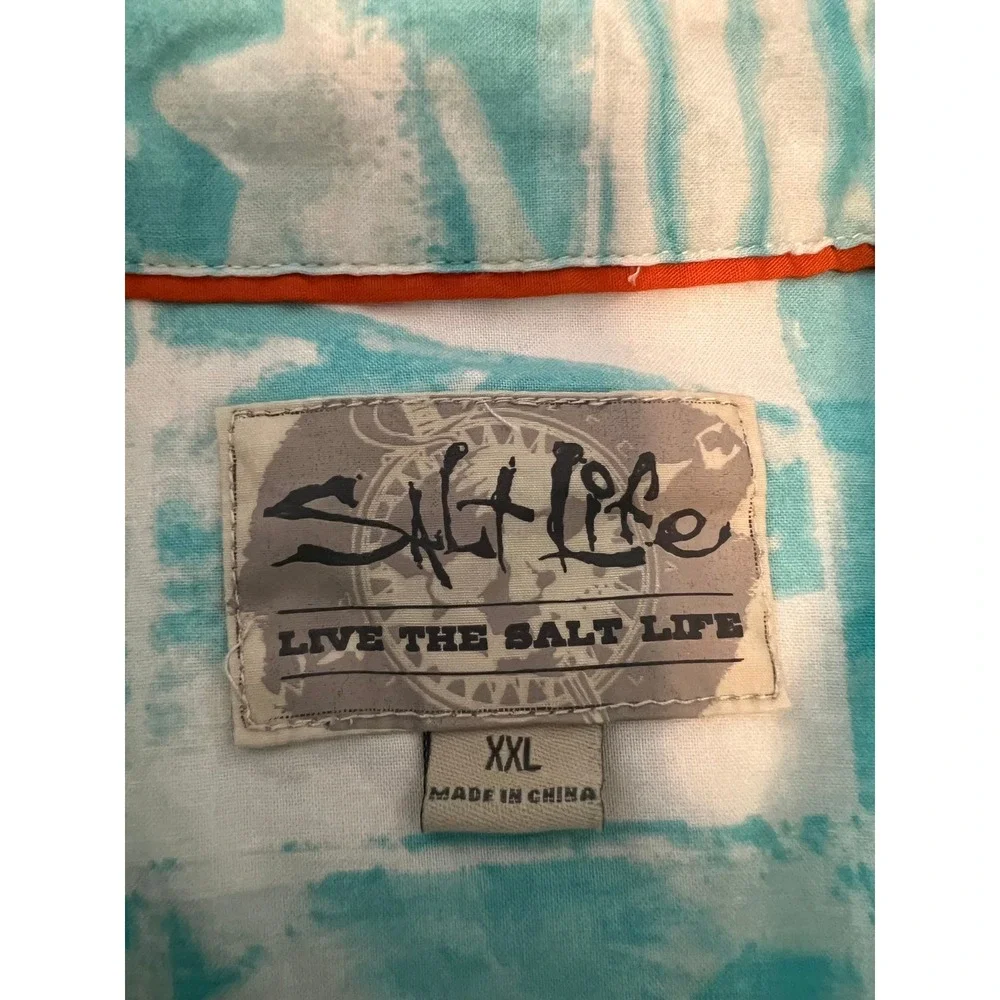 Salt Life Mens XXL Teal White Fish Palm Tree Print Short Sleeve Button Shirt